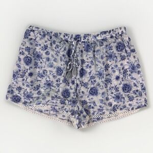 Haute Hippie Blue Floral Print Pajama‎ Shorts Womens Large Lace Trim Drawstring